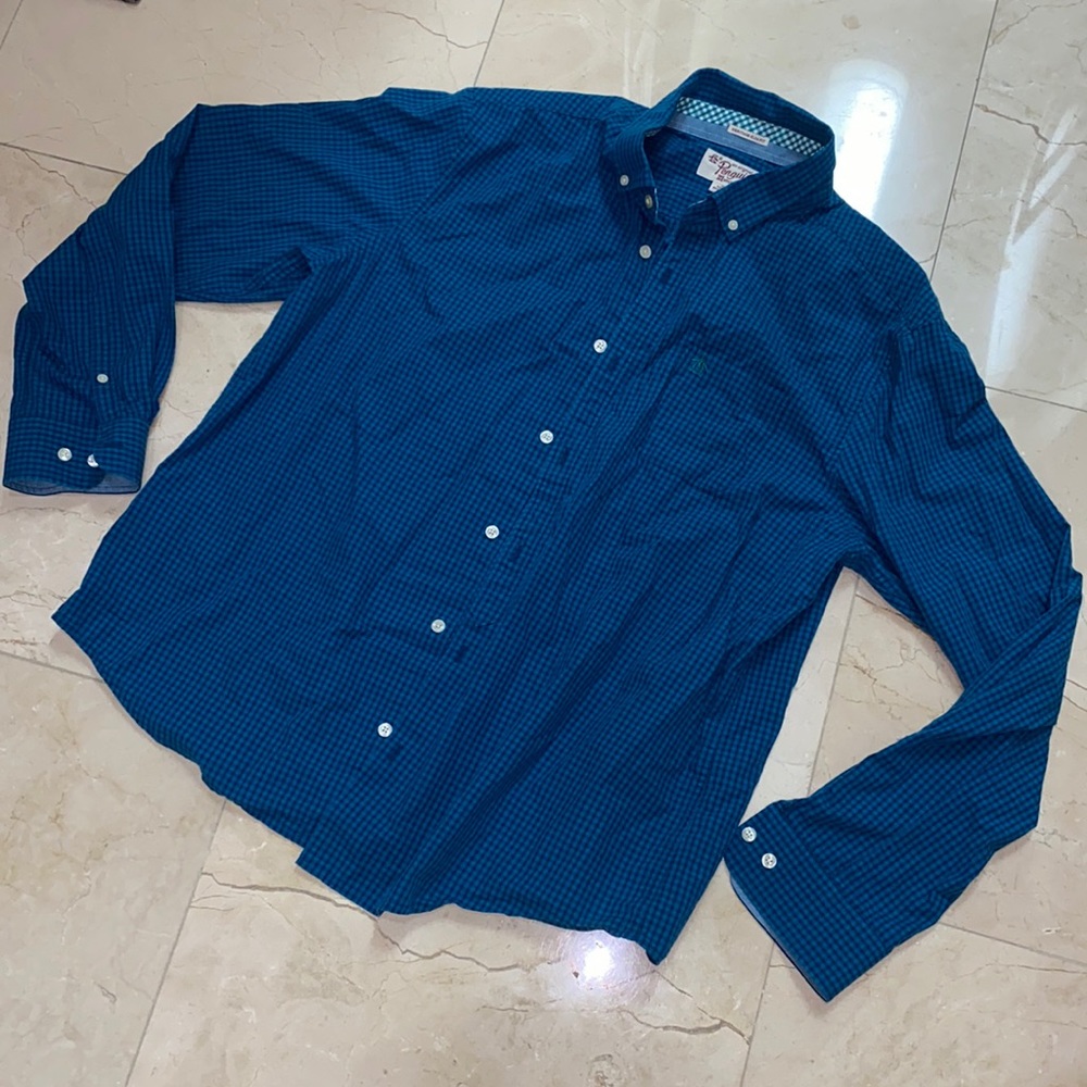 ORIGINAL PENGUIN Blue Checker Print Long Sleeve Button Down Shirt